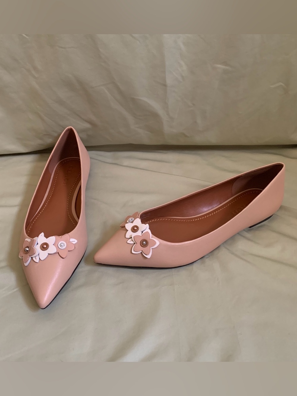 Coach Pink Pointed Toe Floral Appliqué Flats